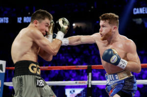 Canelo delivers a precise punch to GGG, and GGG successfully defends himself